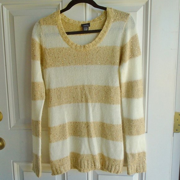 Rue 21 Gold Sequins & White Striped Wool Blend Scoop Neck Sweater Size Large - Picture 1 of 5